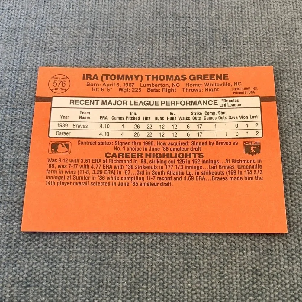 1990 Donruss Atlanta Braves Baseball Card Trading Card